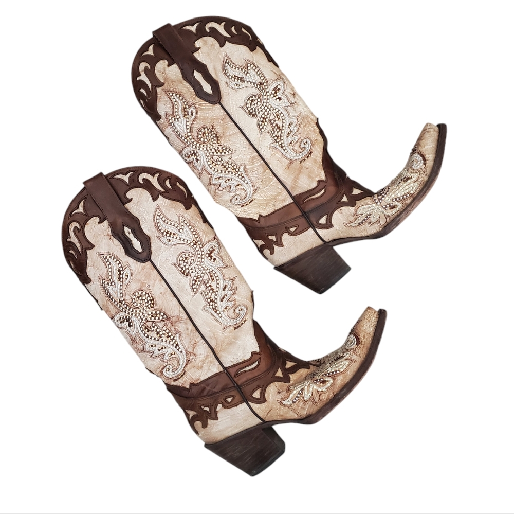 Corral Crackle Bone Tan with Studs and Crystals Cowboy Boots C2825 Size 7